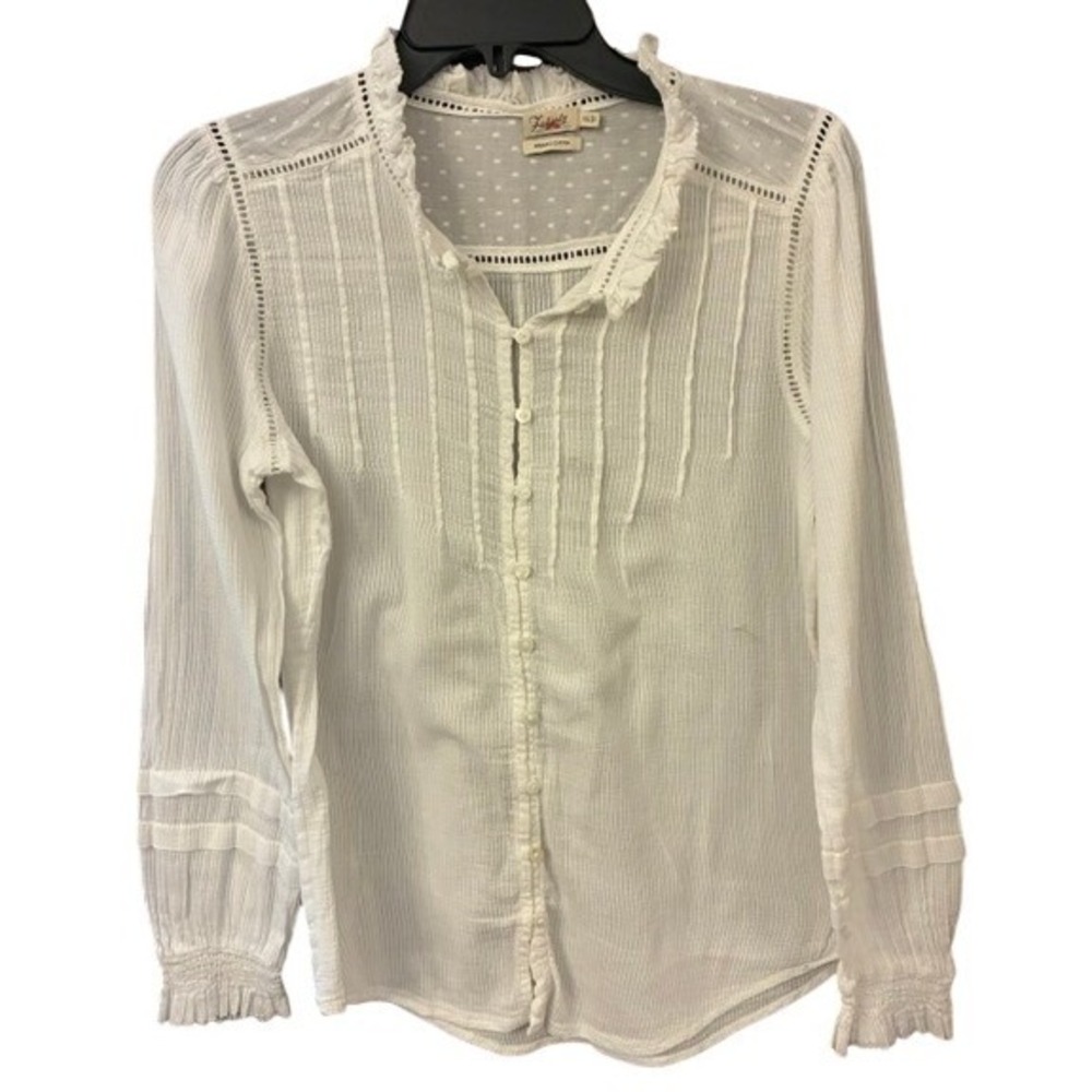 Faherty Blouse Womens XS White Excellent Organic Cotton Swiss Dot Pintuck Ruffle